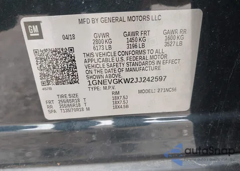 2018 Chevrolet Traverse 1Lt z USA, uszkodzony, nr VIN 1GNEVGKW2JJ242597